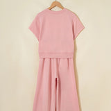Sunset Walk Set Loose Tee Drawstring Wide Leg Pants 2pcs Outfit - Pink