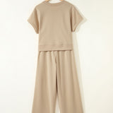 Sunset Walk Set Loose Tee Drawstring Wide Leg Pants 2pcs Outfit - Parchment