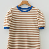 PREORDER Kimberly Stripe Short Puff Sleeve Contrast Trim Round Neck Tee - Brown | Dropship