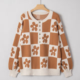 PREORDER Flower Power Checkered Henley Sweater - Camel | Dropship