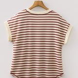 PREORDER Maisie Stripe Half Buttons Round Neck T Shirt - Red | Dropship
