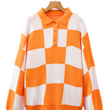 V Neck Checkered Sweater - Tangerine