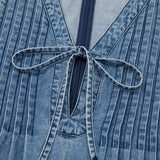 Melany Pintuck Tie V Neck Denim Wide Leg Jumpsuit