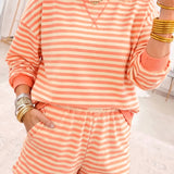 Coffee Drop Shoulder Long Sleeve Pullover Elastic Waist Casual Short Set
