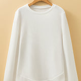 Valerie Rounded Hem Waffle Plain Long Sleeve Top - White