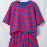 Stay Awhile Set Stripe Striped Ribbed Cotton Two-Piece Short Set with Chest Patch Detail - Red