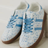 Light Blue Floral Print Lace-up PU Leather Flat Shoes
