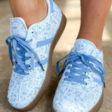 Light Blue Floral Print Lace-up PU Leather Flat Shoes