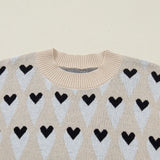 Brynlee Geometric Heart Print Ribbed Trim Loose Sweater