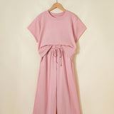 Sunset Walk Set Loose Tee Drawstring Wide Leg Pants 2pcs Outfit - Pink