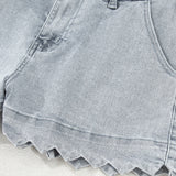 Scalloped Hemline Light Wash Denim Shorts - Dusk Blue