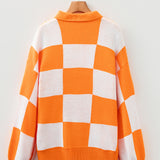 V Neck Checkered Sweater - Tangerine