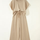 Sunset Walk Set Loose Tee Drawstring Wide Leg Pants 2pcs Outfit - Parchment