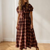 Grace Plaid Knot Front Smocked High Waist Midi Dress