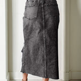 Kendall Distressed Hem Denim Midi Skirt - Gray Wash