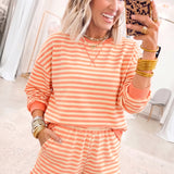 Coffee Drop Shoulder Long Sleeve Pullover Elastic Waist Casual Short Set