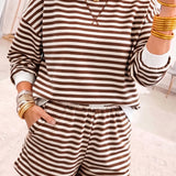 Coffee Drop Shoulder Long Sleeve Pullover Elastic Waist Casual Short Set