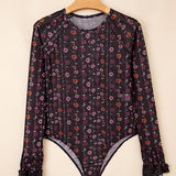 Samantha Floral Print Smocked Cuff Slim Fit Mesh Bodysuit