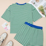 PREORDER - Elsa Stripe Drop Shoulder Boxy Casual Terry Short Set - Green