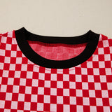 Cassidy Checkered Print Ruffle Short Sleeve Contrast Trim Round Neck Top