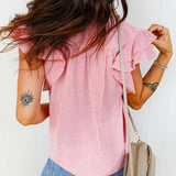 Lauren Stripe Frilly Split Neck Double Ruffled Short Sleeve Blouse
