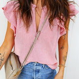 Lauren Stripe Frilly Split Neck Double Ruffled Short Sleeve Blouse