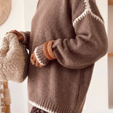 Dark Khaki Contrast Trim Mock Neck Drop Shoulder Relaxed Sweater