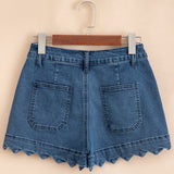 Scalloped Hemline Light Wash Denim Shorts - Blue