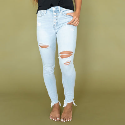 Distressed Button Fly Ankle Skinny Jeans - Super Light Wash